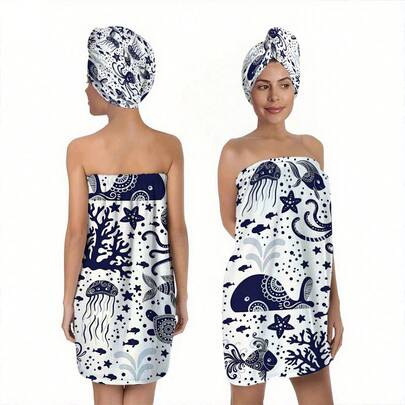 Bộ 2 món, áo choàng tắm và khăn trùm đầu in hình san hô sinh vật biển hiện đại, 100% polyester, siêu mềm mại và thấm hút tốt, áo choàng tắm và mũ tắm cho người lớn, váy xông hơi, áo choàng tắm, phụ kiện phòng tắm, thích hợp cho phòng tắm, phòng xông hơi, spa và thẩm mỹ viện, áo choàng tắm nữ, trang trí hàng ngày, trang trí nhà cửa, trang trí phòng tắm.