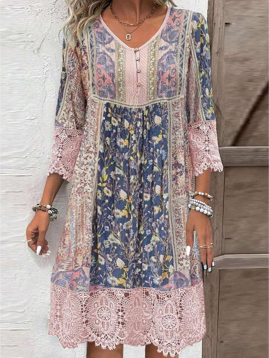 Women Retro Floral Dress Lace Trim Half Button-Up V Neck 3/4 Sleeve A-Line Short Dress For Summer Spring - Pink - View 1