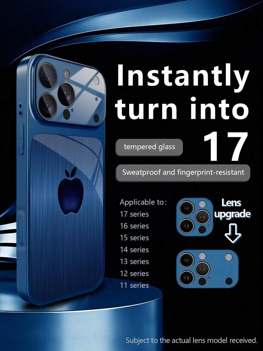 1pc New Minimalist High-End Deep Blue Gradient Wood Grain & Round Grid Apple Pattern Luxury Large Window Tempered Glass With Lens Protection Phone Case Compatible With IPhone 17/17Pro/17ProMax/17Air/16/16Pro/16ProMax/16Plus/15/15Plus/15Pro/15ProMax/14/14Plus/14Pro/14ProMax/13/13Pro/13ProMax/12/12Pro/12ProMax/11/11ProMax, Matte Anti-Fall, Full Coverage Metal Paint Premium Protection Cover - Multicolor - View 1