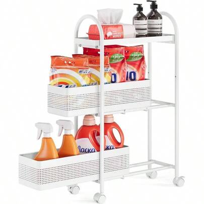 Carrito de almacenamiento delgado de 3 niveles con cesta extrable, utilidad organizadora de bao enrollable, estantera de metal deslizable, ruedas bloqueables, fcil montaje para lugares