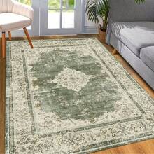 Vintage Washed Rug, Green, Rectangular, Machine Washable, Anti-Slip, Waterproof, Stain-Resistant, TPR/Polyester Material, Suitable For Living Room, Bedroom, Kitchen Decor - A - View 2