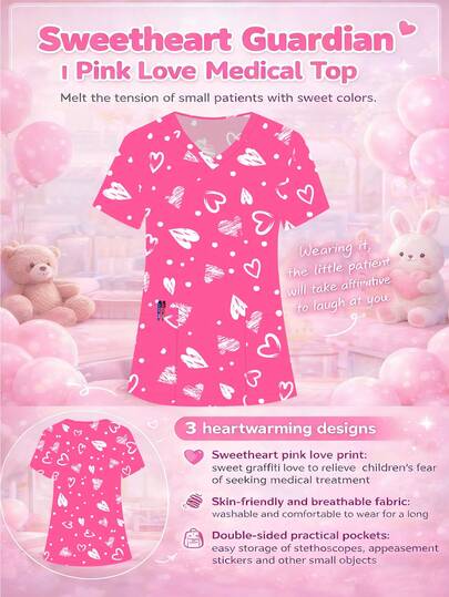 cimmuovere Blusa de mujer de cuello en V, manga corta, holgada, con estampado de corazón lindo, con bolsillos dobles, uniforme de enfermera, ropa de trabajo para dentista, personal de salud, veterinaria y laboratorio