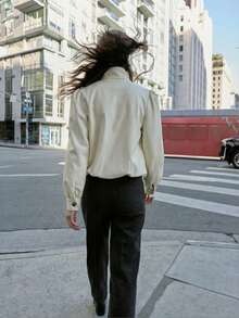 Solid High Neck Jacket With Puff Sleeves, Elegant Gathered Shoulder Bomber Coat, Chic Balloon Sleeve Spring Outerwear - Beige - View 4