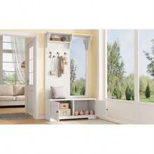 100*40*180cm Wardrobe With Mirror, 5 Coat Hooks, 2 Cabinets And Shelf, Hallway Coat Rack, Clothes Stand With Shoe Cabinet, Hallway Wardrobe, Compact Wardrobe, White - White - View 7