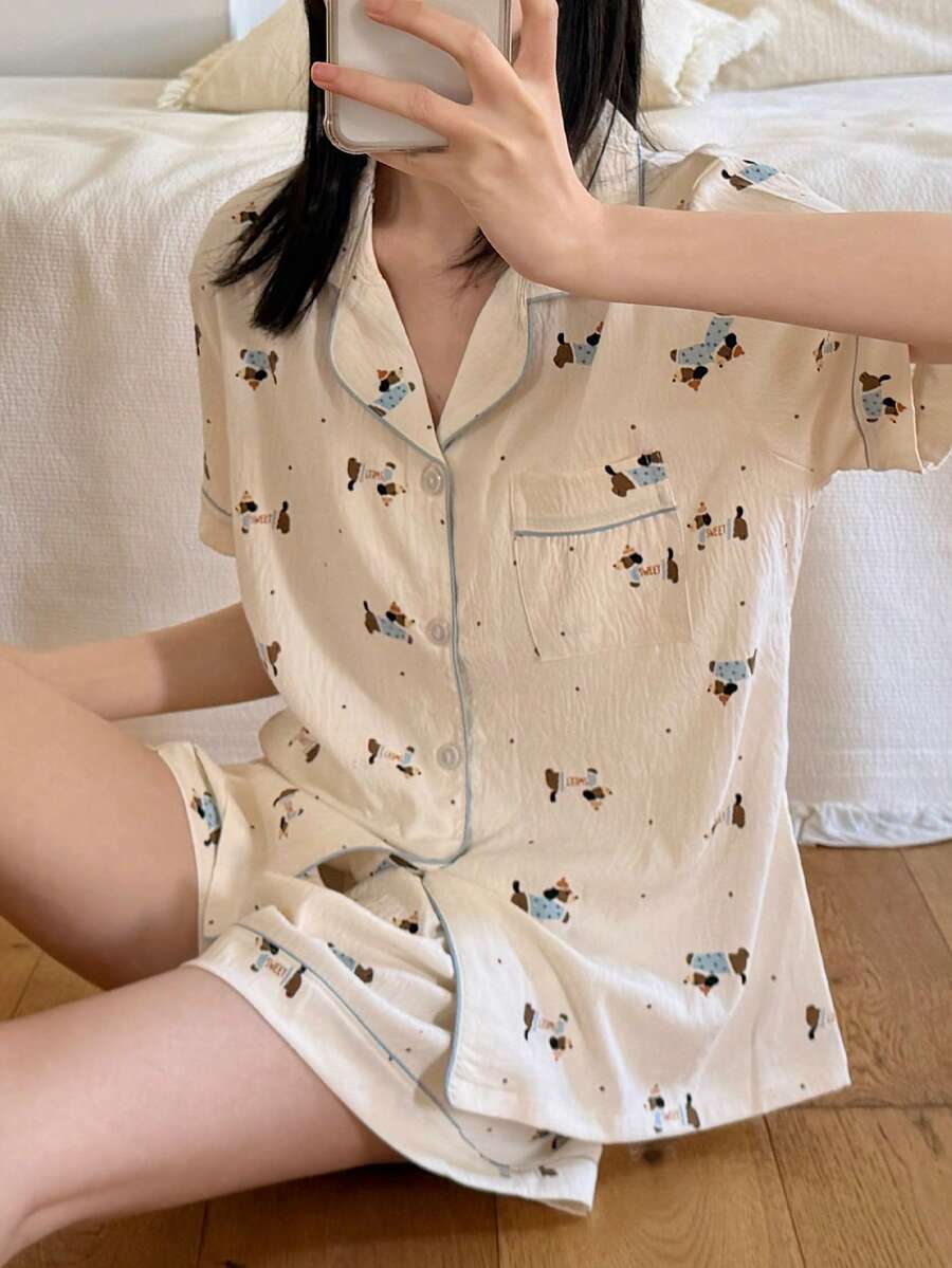 2件套女士波点纹理翻领睡衣,纽扣休闲短袖短裤睡衣套装,适合春夏穿着 - 杏色 - 查看 1