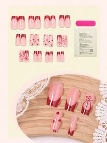 24pcs Acrylic French Manicure Medium Square Press-On Nails Set, Y2K Red Heart Shaped Artificial Nails, Suitable Nail Salons, Teenage Girls And Women Daily Wear And Holiday Party Decoration, Set - 多色 8 - 查看 3