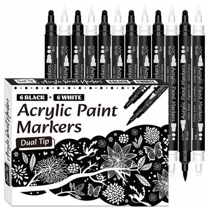 12/24pcs Double-Ended (Soft Tip + Hard Tip) Acrylic Paint Marker Pen Set, Acrylic Felt Tip Pens, Suitable For Rock Painting, Canvas, Fabric, Stone, Wood, Glass, Paper, Plastic, DIY Crafts, School Supplies, Back To School Gifts
