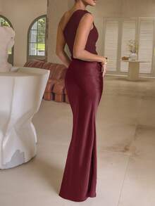 女士优雅纯色褶皱露背缎面拼接长裙，非常适合外出、派对、鸡尾酒会、婚礼宾客、度假、圣诞节、新年夜和其他场合。 - 酒紅色 - 查看 7