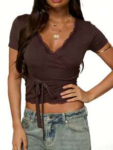 Women Y2k Summer Crop Tops Deep V Neck Lace Trim Bandage Tops Short Sleeve Slim Fit T Shirt Tight Tees Going Out Tops Club Streetwear Fairy Aesthetic Clothes - 棕色 - 查看 2