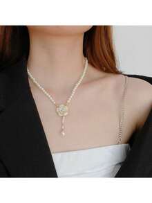 1件优雅山茶花仿珍珠颈链，韩式女性风格，时尚百搭 - 白色 - 查看 4