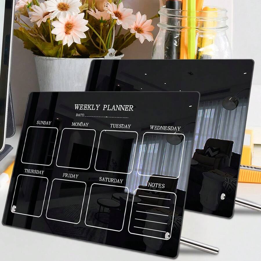 1pc Black Desktop Weekly Planner Board, Acrylic Erasable Memo Pad Desk Calendar Organizer - E-Black - View 1