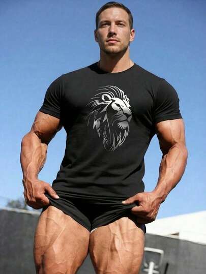 Men's Summer Fashion Lion Head Print Short Sleeve T-Shirt, Suitable For Gym, Boxing, Outdoor Sports