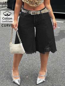 Plus Size Women Cotton Ripped Denim Shorts, Loose Fit Fringe Hem Casual Street Style - Black - View 2