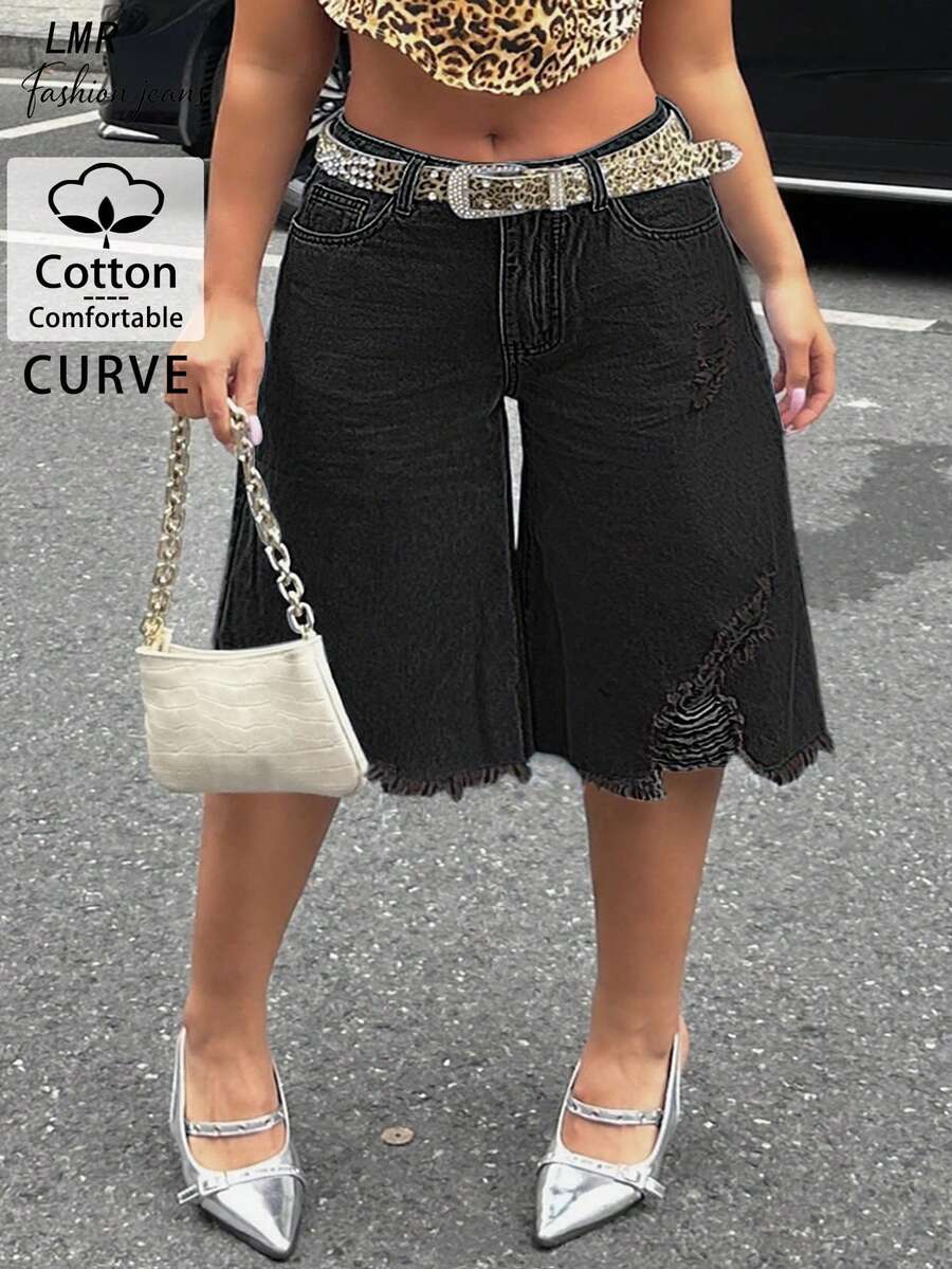 Plus Size Women Cotton Ripped Denim Shorts, Loose Fit Fringe Hem Casual Street Style