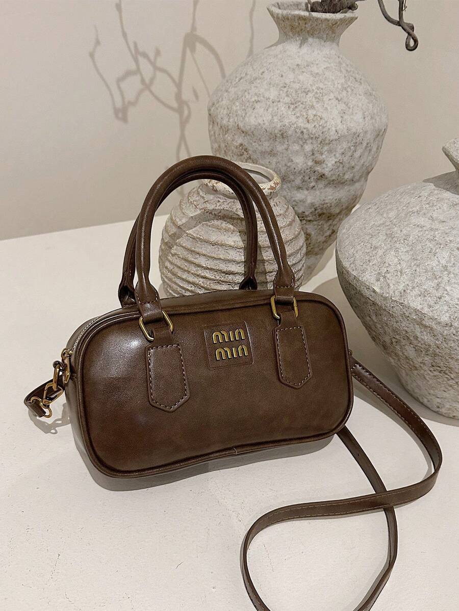 Retro Bowling Ball Handbag For Women, New Fashionable Textured Small Square Crossbody Bag - Brown - View 1