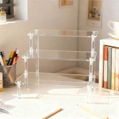 1pc Acrylic Cute Mini Figure Display Box, Ladder-Shaped Mini Figure Display Cabinet, Mini Figure Storage Display Rack, Transparent Small Ornament Display Shelf,Tiered Display Shelf For Figurines, Perfume, Cosmetics, Cute Plush Toys, Suitable For Bedroom, Study, Festival Parties, Wedding Decoration And Display