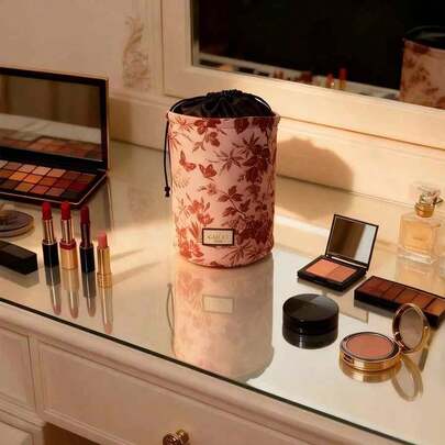 Gucci Women's Pink Makeup Bag Cosmetic Bag Toiletry Bag Drawstring Closure Bags For Women Satin Fabric Ruched Detail Stylish Travel Cosmetic Storage Pouch For Skincare Lipsticks Brushes Daily Beauty Essentials Portable Toiletry Organizer Bag Fashion Vintage Botanical Print Cosmetic Pouch Ideal Gift For Women Girls Daily Commute Travel Beauty Organizer Bag