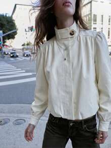 Solid High Neck Jacket With Puff Sleeves, Elegant Gathered Shoulder Bomber Coat, Chic Balloon Sleeve Spring Outerwear - Beige - View 3