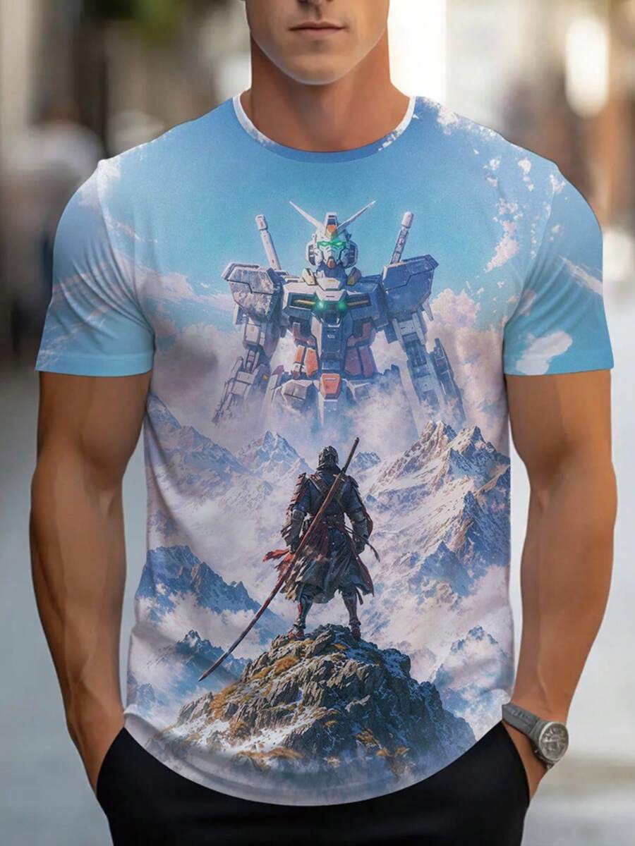 Men' 3D Printed Mecha Warrior & Full-Body Battle Terrain T-Shirt - Lightweight Breathable Polyester Summer Tee With Epic Anime/Manga Art, Casual Outdoor Wear Suitable For Casual Wear Or Outdoor Activities - màu đen - Xem 1