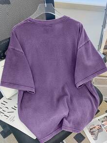 Vintage Washed Cotton Loose-Fit T-Shirt, Cute  Face And Heart Print, Women's Casual Street Style Short-Sleeve Top, Wrinkle-Resistant Washed Cotton T-Shirt - Purple - View 3