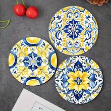 6/8pcs Mediterranean Lemon Pattern, Blue & White Porcelain Design, Round Wooden Coaster Set, Suitable For Patio, Kitchen, Living Room, Home Gathering, Dining Table Decor, Gift For Friends & Family, Suitable For Easter, Valentine's Day, Wedding, Birthday, Party, Home Decor Accessories - Multicolor - View 9