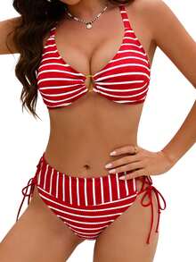 Women's 2 Piece Swimsuits Striped Print High Cut Bikini Set Summer Bathing Suits - Red - View 3