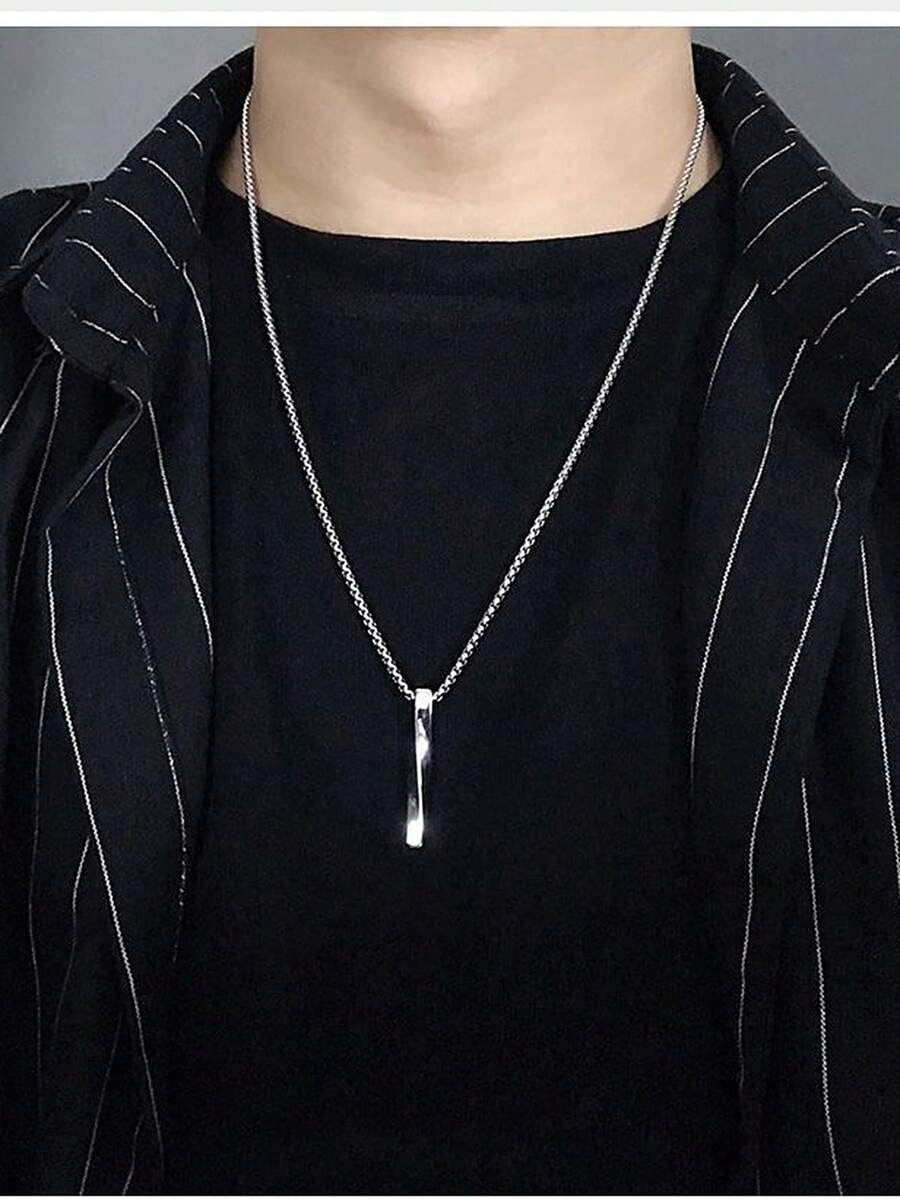 1 buah Kalung Liontin Panjang Berbentuk Pilar Gaya Punk Perak Stainless Steel dengan Rantai Persegi untuk Pria, Cocok untuk Pemakaian Sehari-hari - Perak - View 1