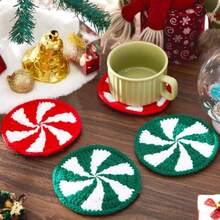 Juego de 4 Posavasos Navideños de Ganchillo Hechos a Mano, Decoración de Mesa Rojo Blanco Verde para Fiestas y Hogar - 4 - Ver 4