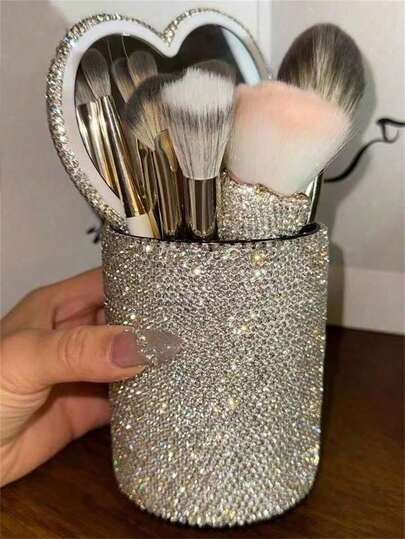 1pc Sparkling Rhinestone Makeup Brush Holder, Cosmetic Tool Storage Display Stand, Pen Holder, School Supplies Organizer, Desktop Decor, Wedding Birthday Party Holiday Gift, Diamond Decorative Art, Halloween, Christmas, Thanksgiving, For Family And Friends