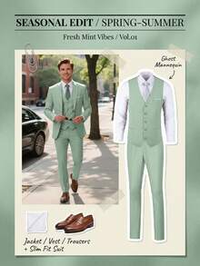 Men's 3 PiecesSuit Set, Suit Jacket + Vest + Trousers, Fresh Garden Wedding Groom Outfit, Elegant Tuxedo, Suitable For Special Occasions, Exhibitions And Social Events - Mint Blue - View 5