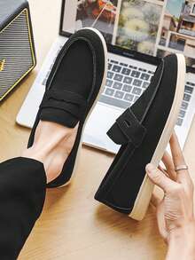 Luxury Men's Slip-On Penny Loafers, Solid Color Faux Suede Casual Shoes, Beige, Soft & Comfortable, Breathable Non-Slip Durable Sole, Fashion Suit, Casual, Student Graduation Ceremony, Business, Party, Wedding, Groom Shoes, Spring/Summer/Autumn, Plus Size - Black - View 3
