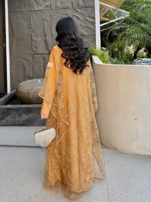 2 Potong Set Abaya Berpayet dan Renda, Gaun Renda, Gaun Mode Timur Tengah, Gaun Renda Lengan Kupu-kupu untuk Musim Semi dan Gugur - Unta - View 5