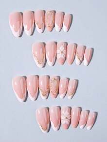 24pcs Almond Shaped 3D Gel Nail Stickers, Floral Nail Art Design, French Tip Style, Medium Size Metal Cross Decor, Pearl Accent, Perfect For Acrylic Nail Tips, Includes: 1pc Jelly Gel And 1pc Nail File. Almond Shaped French Nail Stickers, Suitable For Women's Daily Work, Festivals And Parties. - 多色 6 - 查看 6