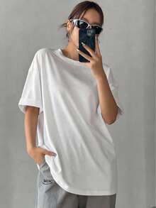 女士圆领短袖T恤，新款夏季纯色时尚休闲百搭宽松上衣 - 白色 - 查看 7