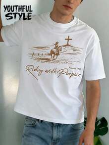 Men's Western Christian Shirt, Riding With Purpose Shirt, Cowboy Faith Shirt, Western Tee, Proverbs Bible Verse Shirt, Scripture Gift,Nature Faith Graphic T-Shirt, Perfect Hiking Gift For Believers,  Made Of Cotton, Comfortable And Breathable ,Unisex,Suitable For All Seasons, Comfortable And Breathable| Exquisite Design | The Best Choice For Giving Gifts - 白色 - 查看 2