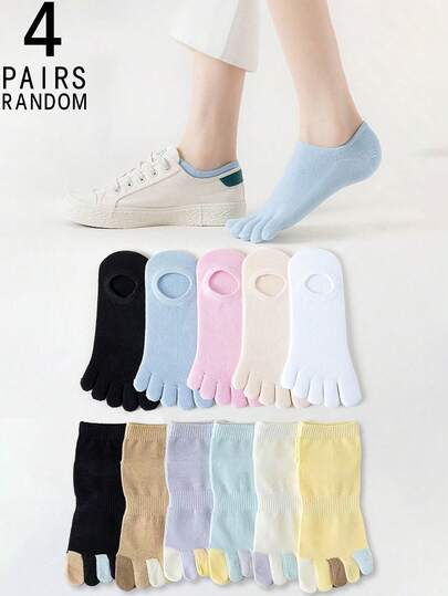 4 双随机颜色五指袜，时尚纯色透气吸汗女士隐形分趾袜，春夏秋季