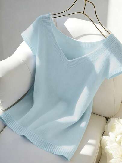 Women's Casual Elegant Daily Versatile Solid Color V-Neck Fitted Short Sleeve Shoulder Splice Ribbed Patchwork Design Blue Regular Knit Pullover Sweater, Spring/Summer