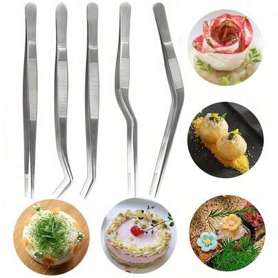 Kitchen Cooking Tweezers Culinary,5 Piece Set Stainless Steel Tweezer Precision Tongs Offset Tip For Cooking Food Design Styling(6.3-Inch)