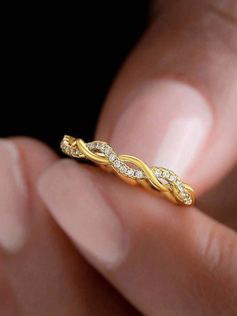 1pc 925 Sterling Silver Twisted Rope Design Ring, Inlaid With Micro Diamonds, Minimalist Everyday Ring, Women's Ring, Exquisite Women's Jewelry Gift, Women's Fashion Accessory - Micro-embellished Twisted Rope Ring - View 1