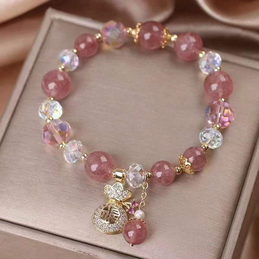 1pc Elegant Strawberry Crystal Flower Bracelet, Versatile Pendant, Best Gift For Friends - Imitation Strawberry Quartz Lucky Bag Bracelet #SZ1401 - View 1