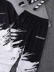 2pcs/Set Teen Boy Spring/Summer Short Sleeve T-Shirt And Jogger Pants, Black & White Contrast Artistic Design, Streetwear Casual Outfit - Black - View 8