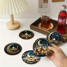 Ramadan Moon Theme Acrylic Coaster Set - Heat-Insulating, Non-Slip, Heat-Resistant Table Mats, Suitable For Family, Office And Ramadan-Themed Party Gifts, 3.9 Inches - Multicolor - View 5