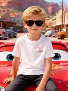 Disney Boys' T-Shirt Featuring A Creative Cartoon Print Of Lightning McQueen From Cars. Made From Soft, Comfortable, And Breathable Fabric, It's Perfect For Everyday Wear, Outings, And Activities-Making It An Ideal Gift For Kids. - 白色 - 查看 2