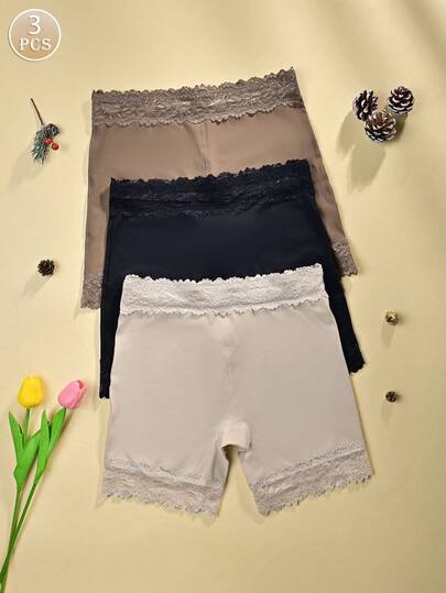 3 piezas Pantalones cortos de de encaje de lujo para mujeres, pantalones cortos de seda sin costuras, anti-rozaduras, adecuados para usar en capas