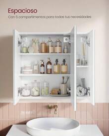 VASAGLE Armario de Pared para Baño con Espejo, 3 Puertas, 15 x 60 x 55 cm, con Estantes Ajustables, Blanco MBBK22WTV1 - 1 - Ver 6