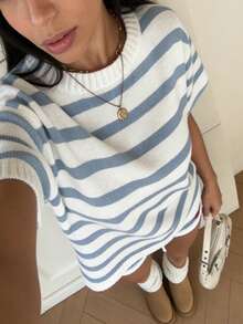 大码女式条纹撞色针织毛衣 春季 - 藍色 - 查看 1