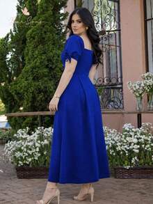 Long Striped Dress With Puff Sleeves And Modern Bow. Perfect For Parties, Modest Christian Fashion, New Year's Eve, Christmas, New Year's Celebrations. - Xanh đậm - Xem 3