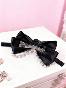 1个玫瑰花蝴蝶结发夹，女孩珍珠流苏复古甜美侧夹，时尚发饰 - 彩色 - 查看 5