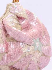 1pc Colorful PVC Sequin Contrast Mesh Floral Embroidery Cloud Design Pleated Niche Linen Bottom Handbag, Fashion Summer Beach Vacation Fan-Shaped Ladies Tote (Floral Pattern Randomly Sent) - Pink - View 7
