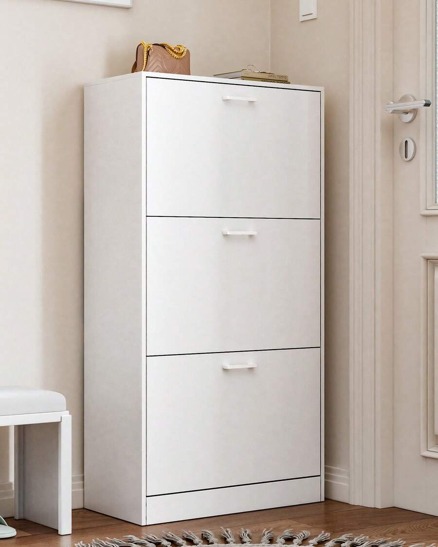 Shoe Cabinet With 3 Flip Drawers, Modern Narrow Freestanding Shoe Organizer With Large Capacity For Entryway,Hallway, Living Room,White - 白色 - 查看 1